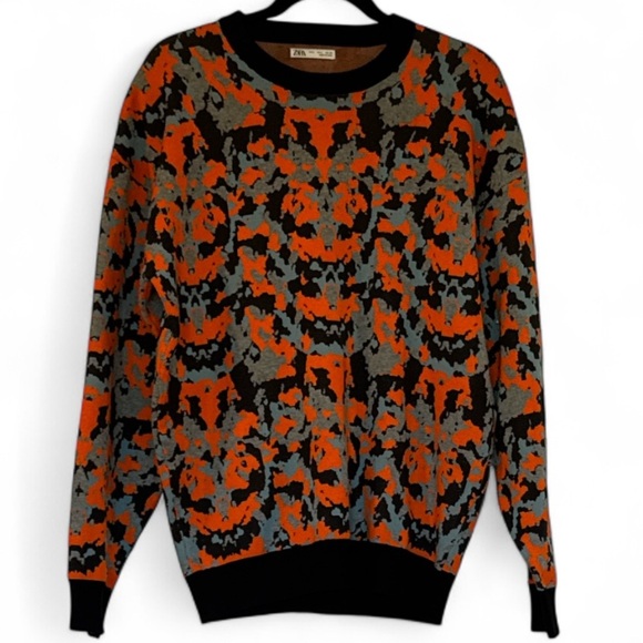 Zara Jacquard Abstract Crewneck Sweater In Black, Orange & Gray Size Large - Picture 3 of 10
